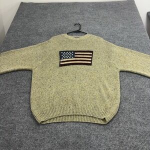 Vintage Cotton Traders Sweater Mens XL Yellow Ramie Wool USA Flag Crewneck Retro